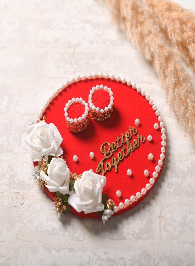Mridang Engagement Wedding Ring Platter Better Together Thali | Wedding Ring Platter | Marriage Décor | Engagement Tray (Red,White) velvet - Image 1